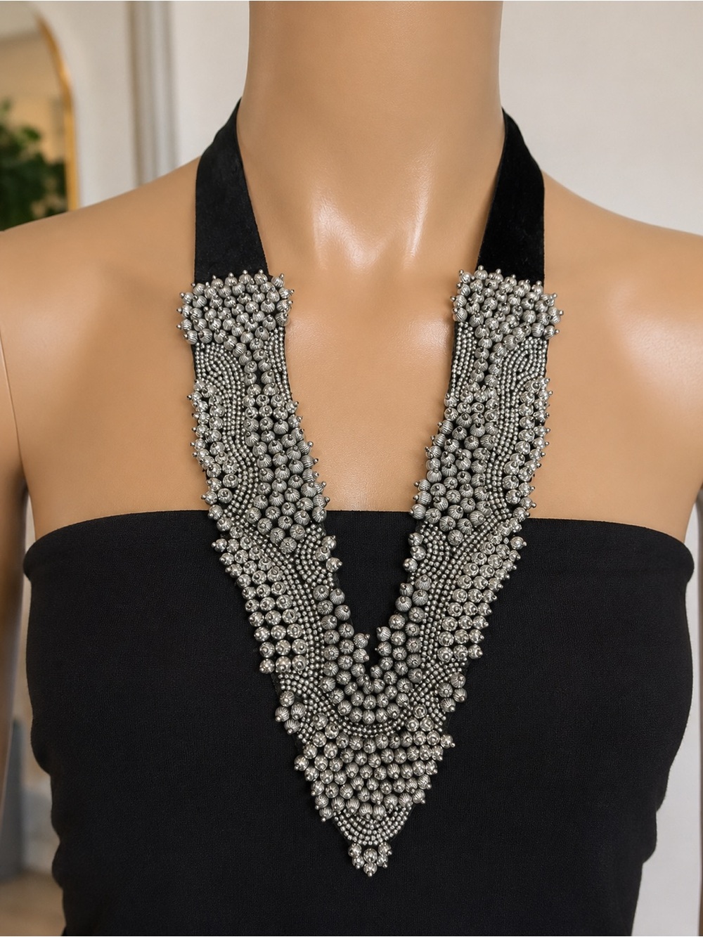 Silver Beaded Statement Bib Necklace Black Velvet Tie Avant Garde